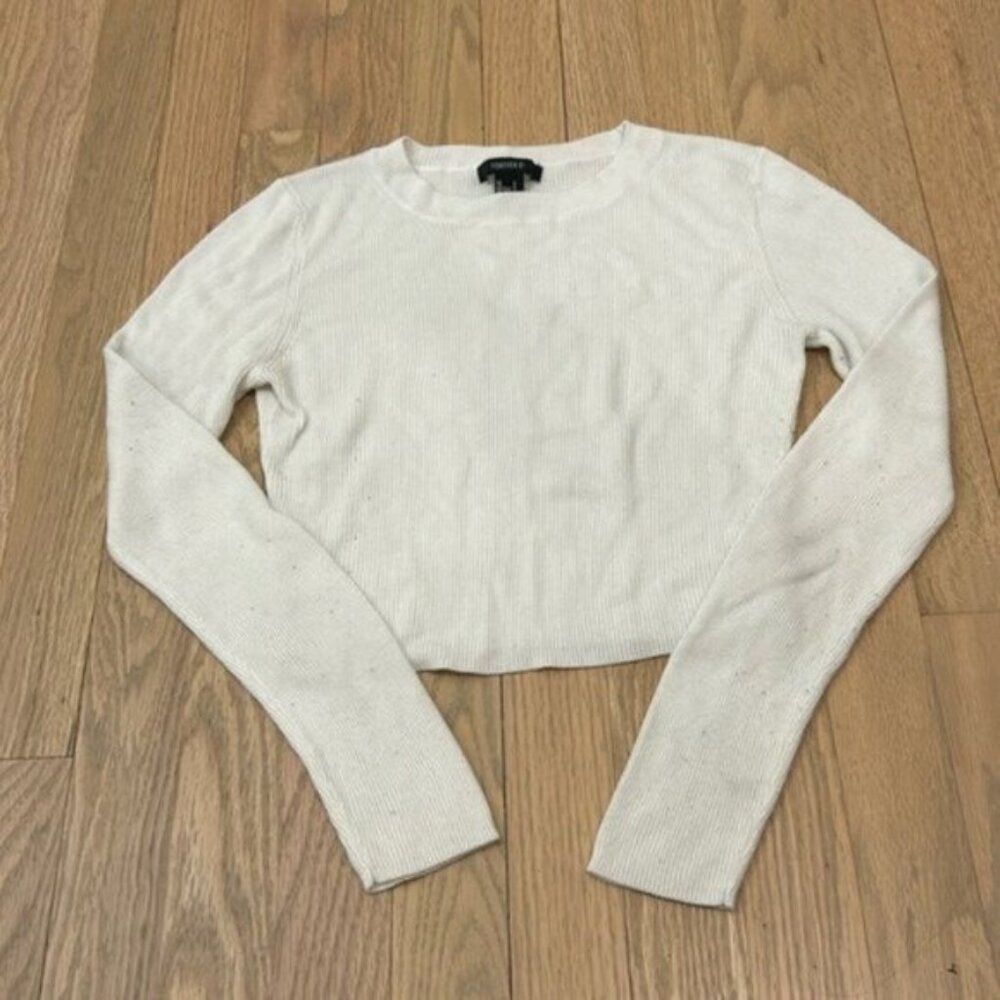 Forever 21 White Cropped Long Sleeve Ribbed Top